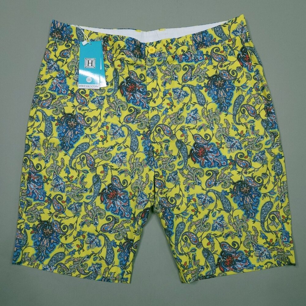 New Hreski Yellow Paisley Golf Shorts Chino Floral Preppy Lightweight 34